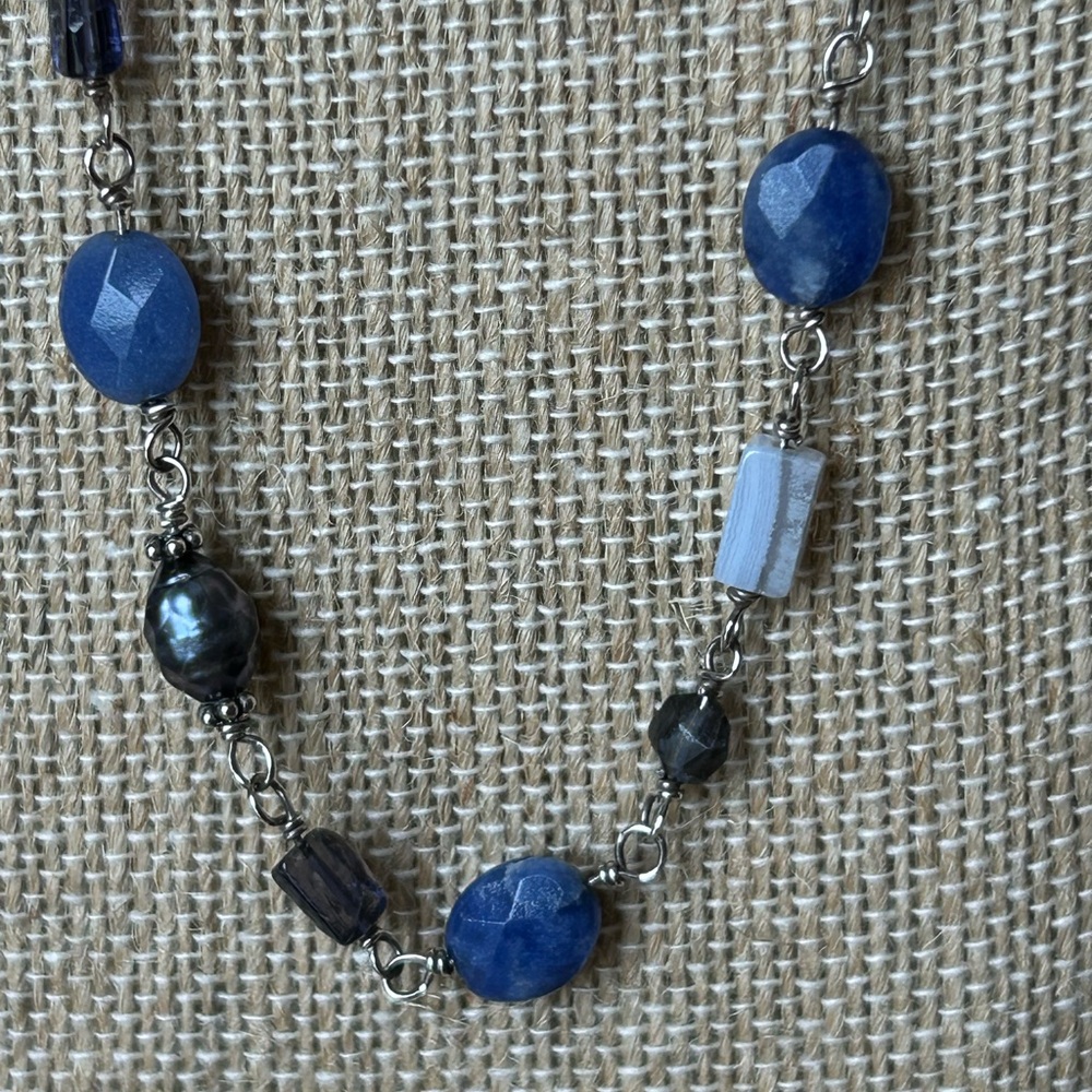 Vintage Silpada Blue Stone and Pearl with Sterling Silver Link 16” Necklace - Picture 2 of 5